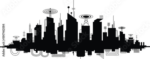 Futuristic city skyline silhouette with skyscrapers and science fiction theme