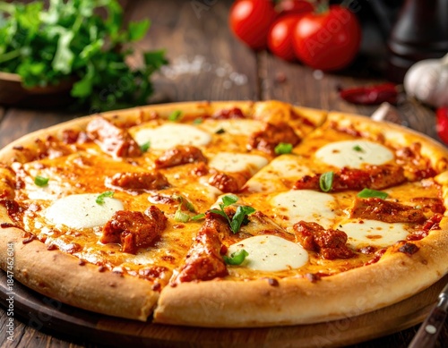 Freshly baked pizza with cheese and toppings on a wooden board