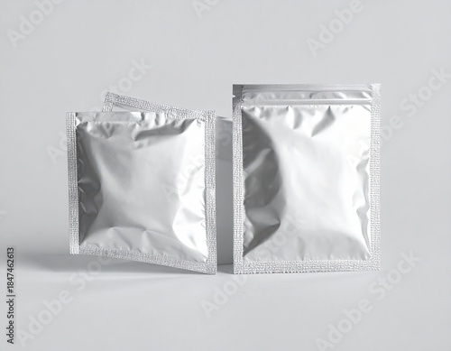 Three sealed, metallic sachets against a white backdrop, upright and lying