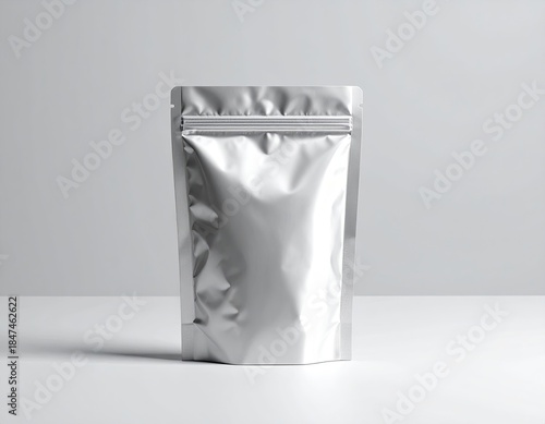 Shiny, metallic pouch with zipper, slightly inflated, on a white surface