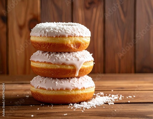 Stack of three donuts with white glaze and shredded coconut on wood