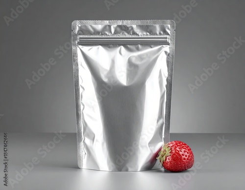 A foil pouch stands with a strawberry on a gray gradient backdrop