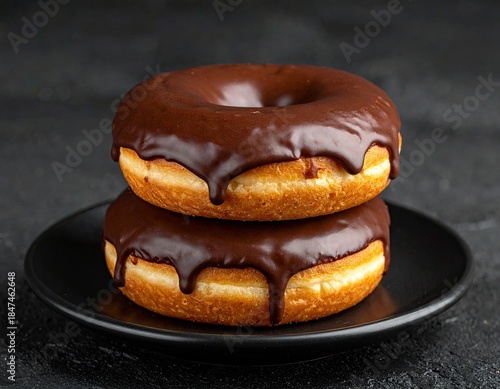 Two glazed donuts stacked on a black plate, dark background