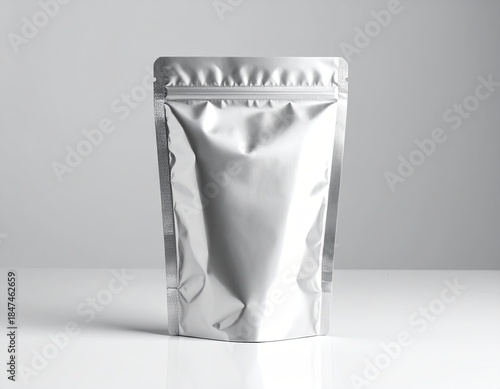 Shiny silver pouch stands upright, sealed, against a neutral backdrop