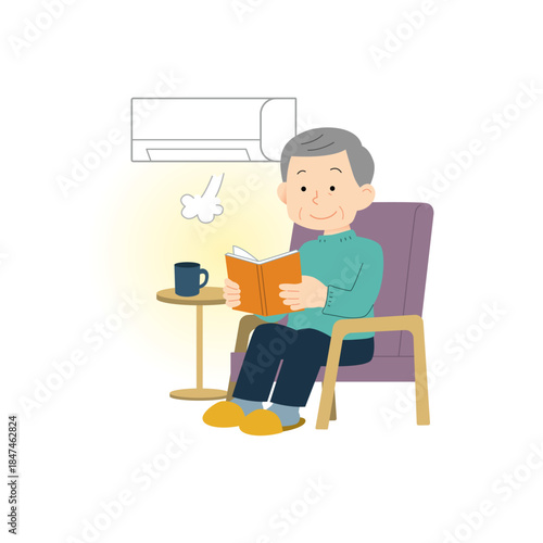 暖かい部屋でくつろぐシニア男性のイラスト｜冬の室内生活