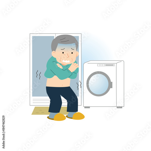 寒い脱衣所で震えるシニア男性のイラスト｜ヒートショック注意