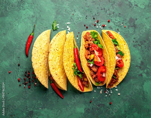 Five tacos on green surface, filled with meat and toppings