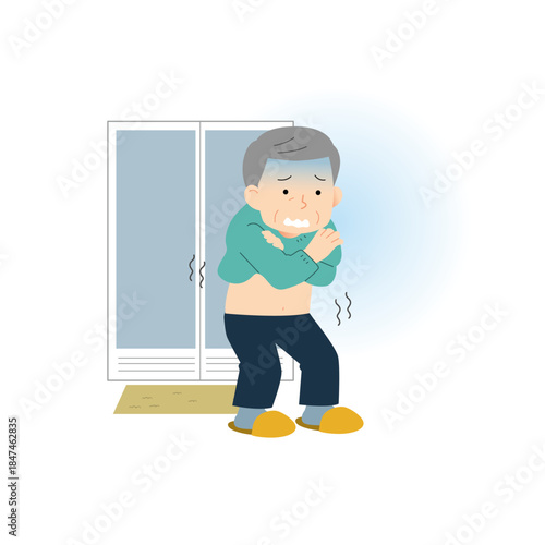寒い脱衣所で震えるシニア男性のイラスト｜ヒートショック注意