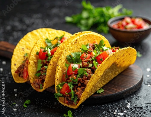 Three loaded tacos with salsa and herbs on a dark, rustic board