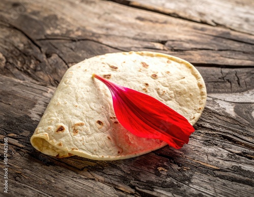Flatbread on wood with a single red petal resting atop