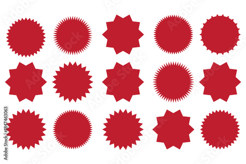 Red and black stamp seal vector set. Starburst, rosette, and jagged circle badges or sticker labels collection for price or warranty design