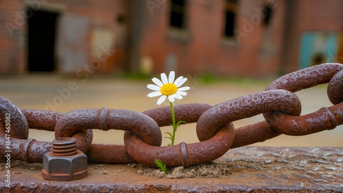 A single white daisy growing through a heavy rusty chain, a concept of hope and resilience.