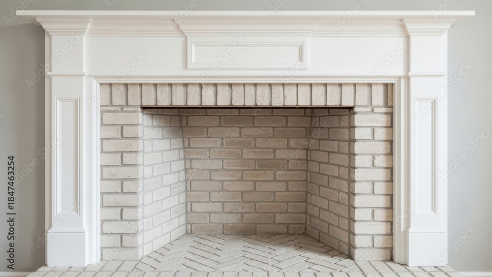 Obraz premium Elegant white brick fireplace with classic mantel in modern living room interior