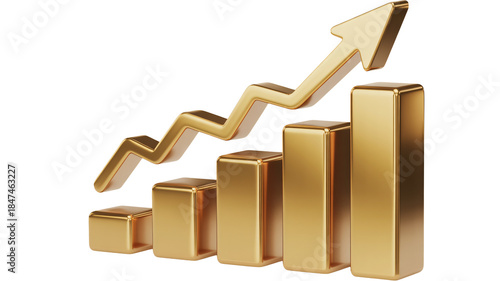 Golden 3d bar chart with upward trending arrow symbolizing financial growth and investment success