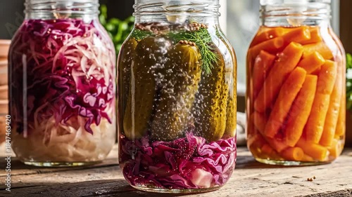 Three Jars of Fermented Vegetables on a Wooden Table - Pickled Cabbage, Cucumbers, and Carrots.