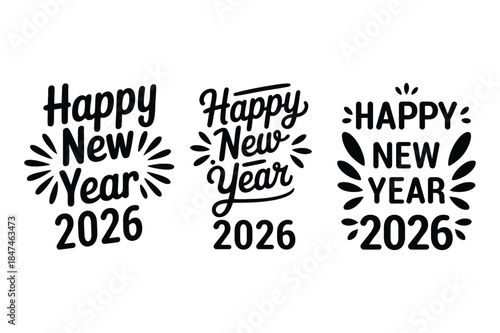 Happy New Year 2026 typography lettering vector black white celebration design
