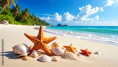 Fototapeta Naklejka Na Ścianę i Meble -  A vibrant starfish rests on the tropical sand of a paradise beach as the summer ocean waves gently touch the island shore under a clear blue sky