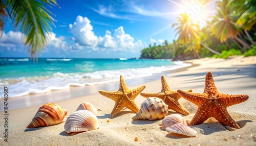 Fototapeta Naklejka Na Ścianę i Meble -  A vibrant starfish rests on the tropical sand of a paradise beach as the summer ocean waves gently touch the island shore under a clear blue sky