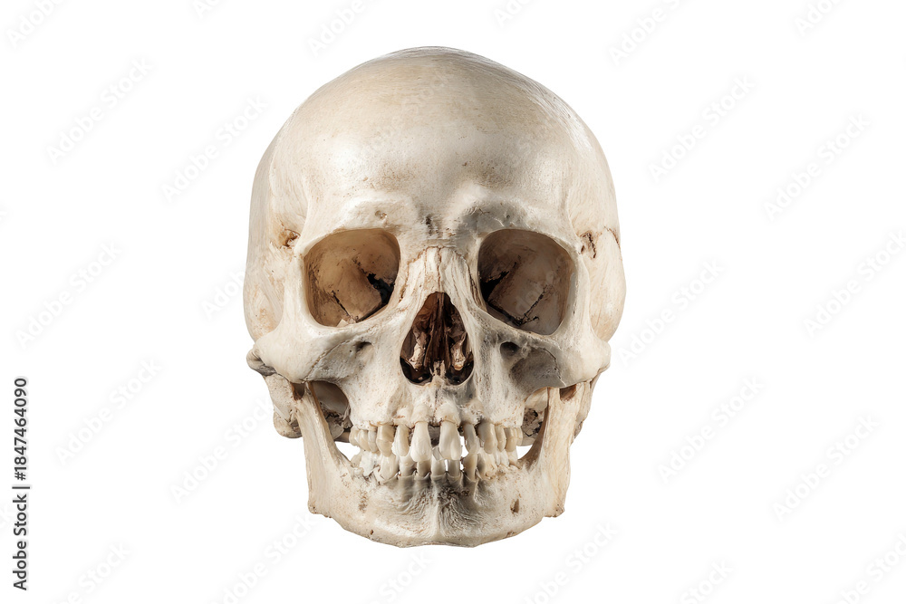 Obraz premium Human skull viewed from the front showing bone structure and anatomical features isolated on transparent background