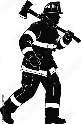Firefighter in action isolated on white background, Vector, illustration