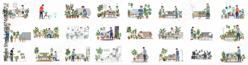 A collection of vector illustrations depicting people caring for houseplants in cozy living room interiors, highlighting home gardening and plant hobbyists.