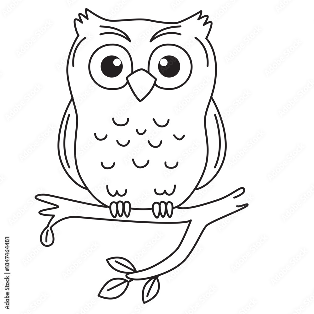 Fototapeta premium Happy owl perched line art with soft features ideal for greeting cards, scrapbooks, and kid-friendly illustrations.