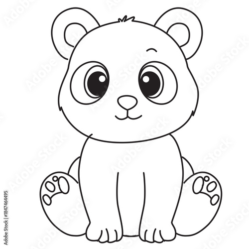 Happy bear cub sitting line art with big eyes great for stickers, invitations, and kid-friendly digital projects.