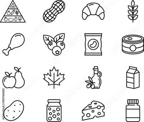 Food nutrition line icons set, healthy diet, fruits, vegetables, dairy, protein, supplements, CAD drawing flat vector illustration