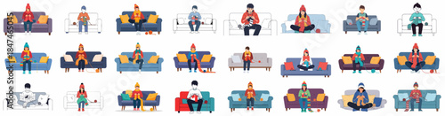 Collection of people sitting on sofas and knitting scarves, enjoying a cozy winter hobby at home.