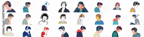 Vector illustration set showcasing diverse young men and boys wearing headphones, enjoying music, relaxation, and sound immersion across various styles.