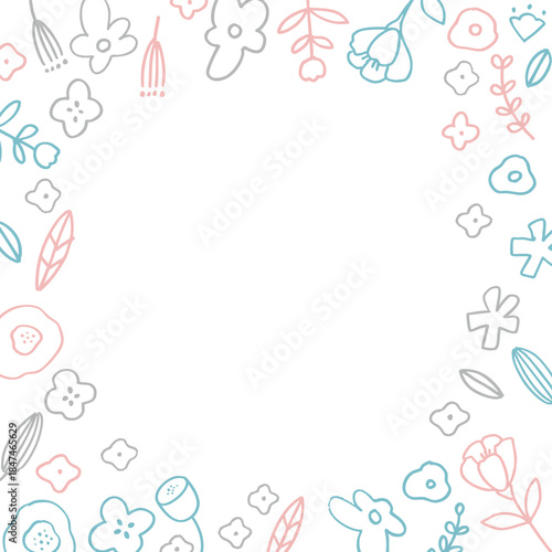 線画の北欧風イラストフレーム。草木と花の植物背景フレーム。手描きの草木。北欧風背景。
Line drawing Scandinavian style illustration frame. Plant background frame with plants and flowers. Hand drawn plants. Scandinavian style background.