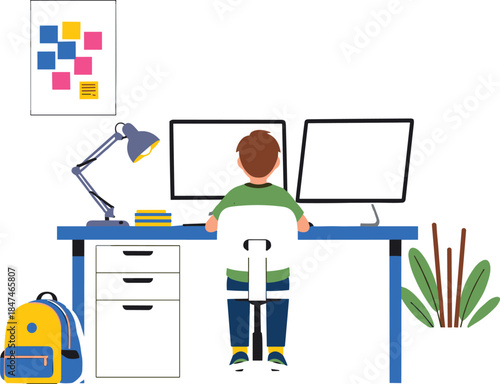 Person working at desk with dual monitors, study space, home office setup, flat vector illustration, cad drawing style, productivity concept