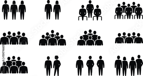 People Group and Crowd Silhouette Icons Set.