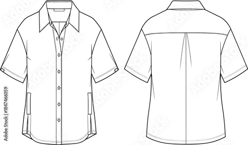 Unisex Oversized Short Sleeve Shirt Technical Fashion Flat Sketch Template, Featuring Classic Collar, Dropped Shoulders, Side Patch Pockets, and Vented Hem Detail, Front and Back View Outline Drawing.