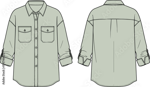 Unisex Oversized Utility Shirt Technical Fashion Flat Sketch Template, Featuring Classic Collar, Flap Chest Pockets, Dropped Shoulders, and Rolled Up Sleeves, Front and Back View Outline Drawing.