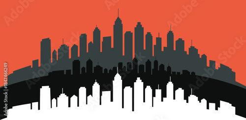 Modern city silhouette illustration with skyscrapers on orange to gray vector backdrop