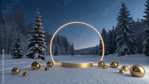 Winter night in the forest with golden ornaments