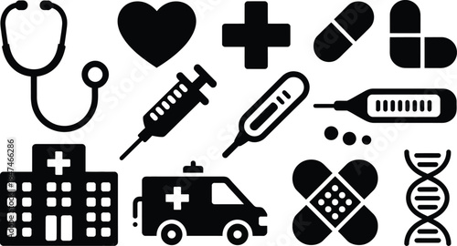 Medical and healthcare icons set stethoscope, heart, cross, pills, syringe, thermometer, hospital, ambulance, bandage, dna.