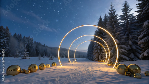 Winter night with illuminated arcs and ornaments