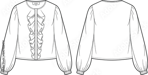 Women's blouse technical flat, fashion vector sketch, apparel design template. Front and back view, long bishop sleeve, cascading ruffle front, collarless round neck.