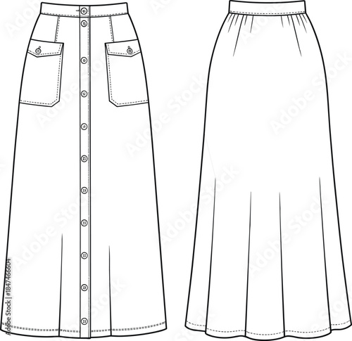 Women's Button-Down A-Line Maxi Skirt Technical Fashion Flat Sketch Template, Featuring Full Front Placket, Flap Pockets, Waistband and Elasticized Back Detail, Front and Back View Outline Drawing.