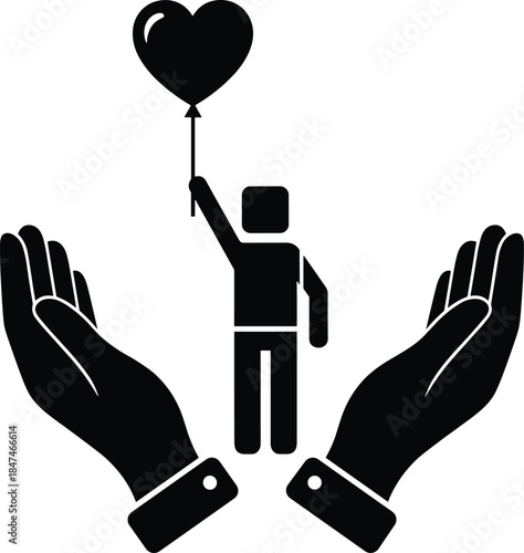 Protective hands with heart balloon silhouette, emotional care vector, compassion and support concept, cad drawing flat vector illustration