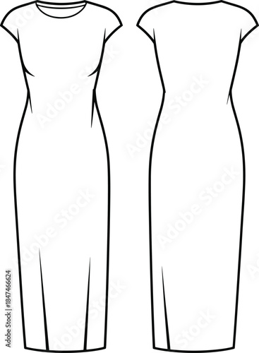 Women's cap sleeve maxi dress technical flat sketch, featuring fitted bodycon silhouette, round neck, long length, front and back view, isolated vector illustration template.