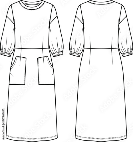 Women's casual maxi dress technical flat sketch, featuring puff sleeves, round neck, front patch pockets, gathered cuff, front and back view, isolated vector illustration template.