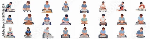 Diverse set of illustrations featuring young people practicing pottery, molding clay into ceramic vases and bowls on a rotating wheel.