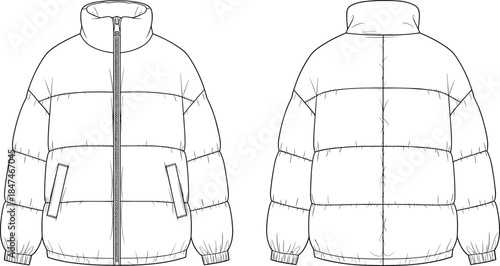 Puffer jacket technical sketch, front and back view, quilted sections, zipper closure, cad drawing flat vector illustration
