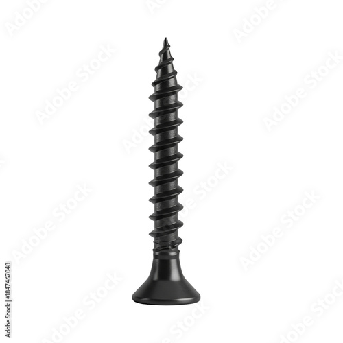 A single, black drywall screw stands vertically against a stark white background, sharply lit, showcasing its helical thread and countersunk head.
