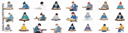 Diverse collection of young men studying, writing, and working at desks and cafe tables, featuring coffee cups and casual wear illustrations.