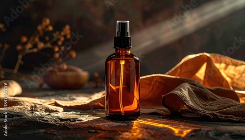 Amber glass spray bottle with a dark background, cloth, and dried plants