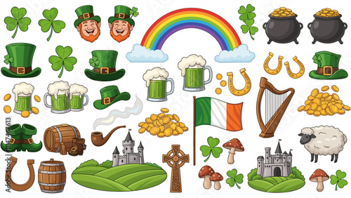 St patricks day icons set with rainbow and beer